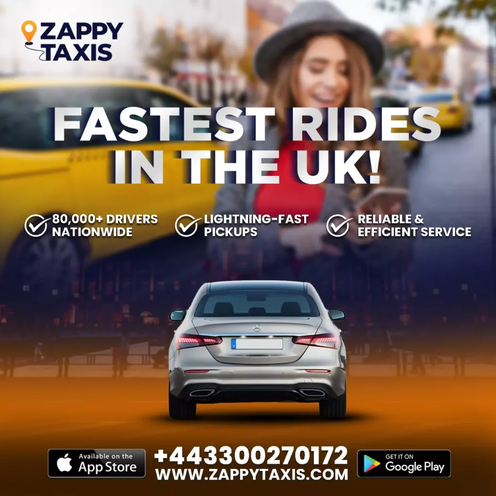 A Zappy Taxis Mercedes-Benz with a blurred city background, highlighting fast and reliable taxi services across the UK.
