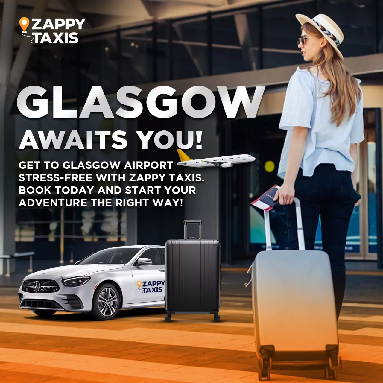 A traveler with luggage outside Glasgow Airport, a Zappy Taxis car, and promotional text for airport transfers.