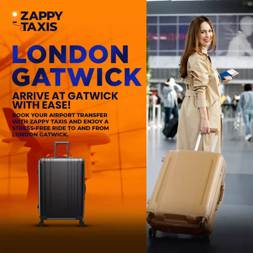 A smiling woman at Gatwick Airport with luggage, promoting Zappy Taxis' reliable airport transfer services.