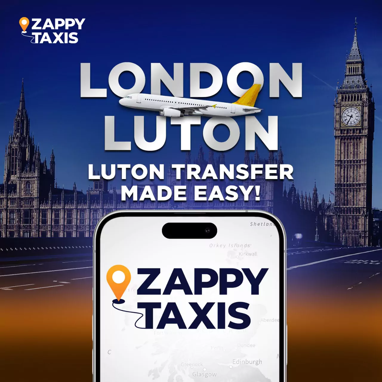 A promotional graphic featuring Big Ben, an airplane, and a mobile phone showcasing Zappy Taxis' airport transfer service.