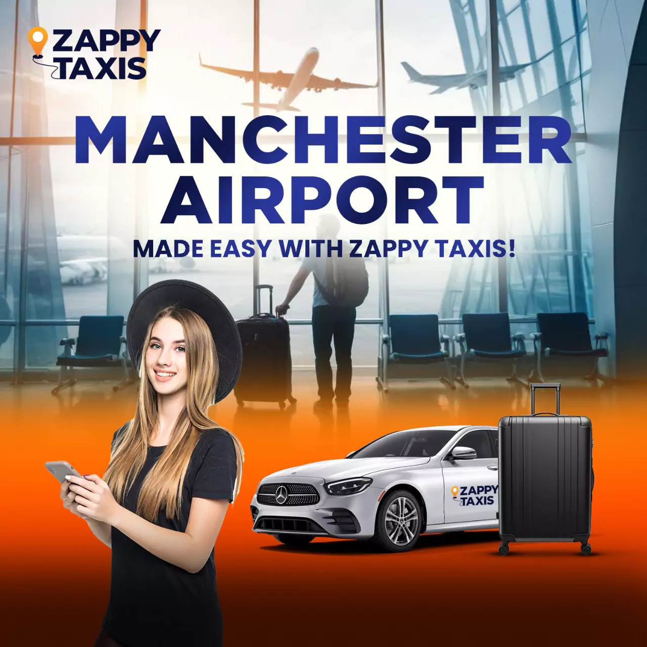 A promotional image for Zappy Taxis featuring a traveler at Manchester Airport, a Zappy Taxis car, and luggage.