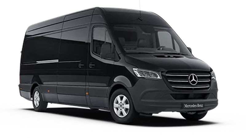 A black Mercedes-Benz Sprinter luxury minibus, ideal for group transfers, business trips, and event transportation.