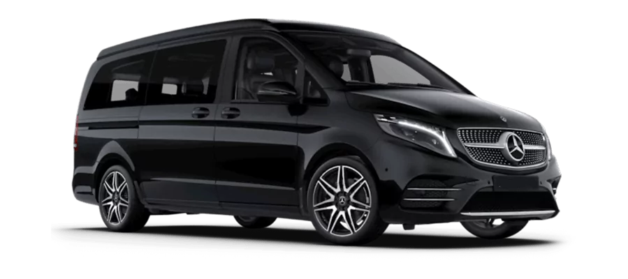 A black Mercedes V-Class luxury minivan, perfect for group and executive travel.