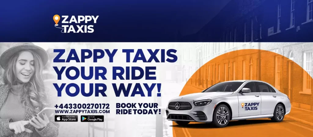 A smiling woman using her phone, a Zappy Taxis-branded Mercedes, and a bold promotional message for booking a ride.