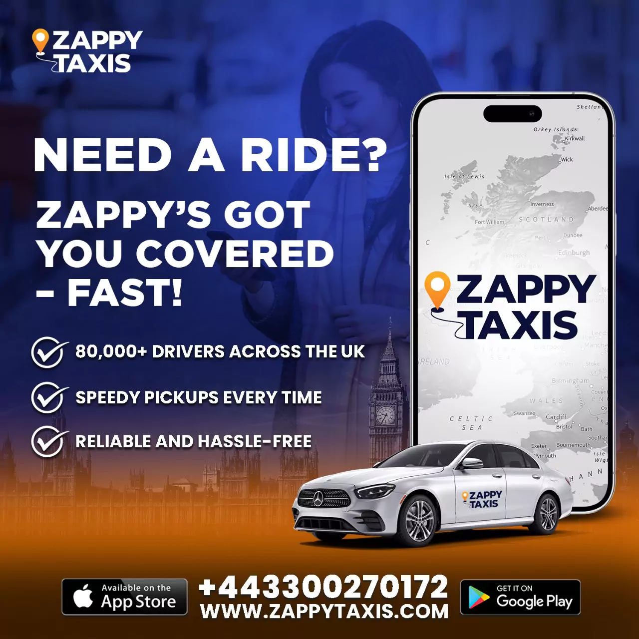 Zappy Taxis mobile app displayed on a phone screen with a luxury taxi car and text highlighting fast, reliable service across the UK.